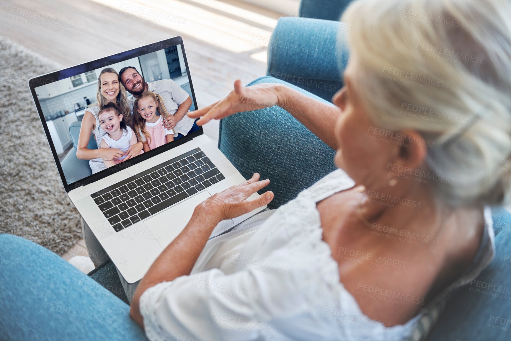 Buy stock photo Love, family and video call on laptop with grandmother for online communication with relatives. Retirement, senior and elderly grandma on internet screen call with grandchildren and parents. 

