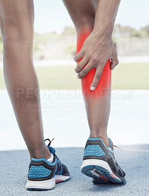 Buy stock photo Runner, calf pain and leg injury accident during fitness running exercise in athletic shoes outside. Sports man, muscle strain and calf during marathon cardio training workout on track field 