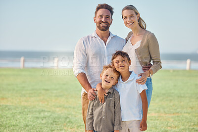 Buy stock photo Travel, happy family and beach portrait while on vacation in Florida, relax and bonding outdoors together. Love, kids and parents enjoying summer trip to Mexico and a fun, cheerful walk at the sea