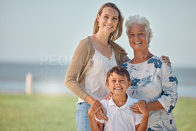 Buy stock photo Mother, grandmother and child happy outdoor together with family love and care in nature. Portrait of a elderly woman, mama and kid smile with a hug by grass and water with happiness smiling