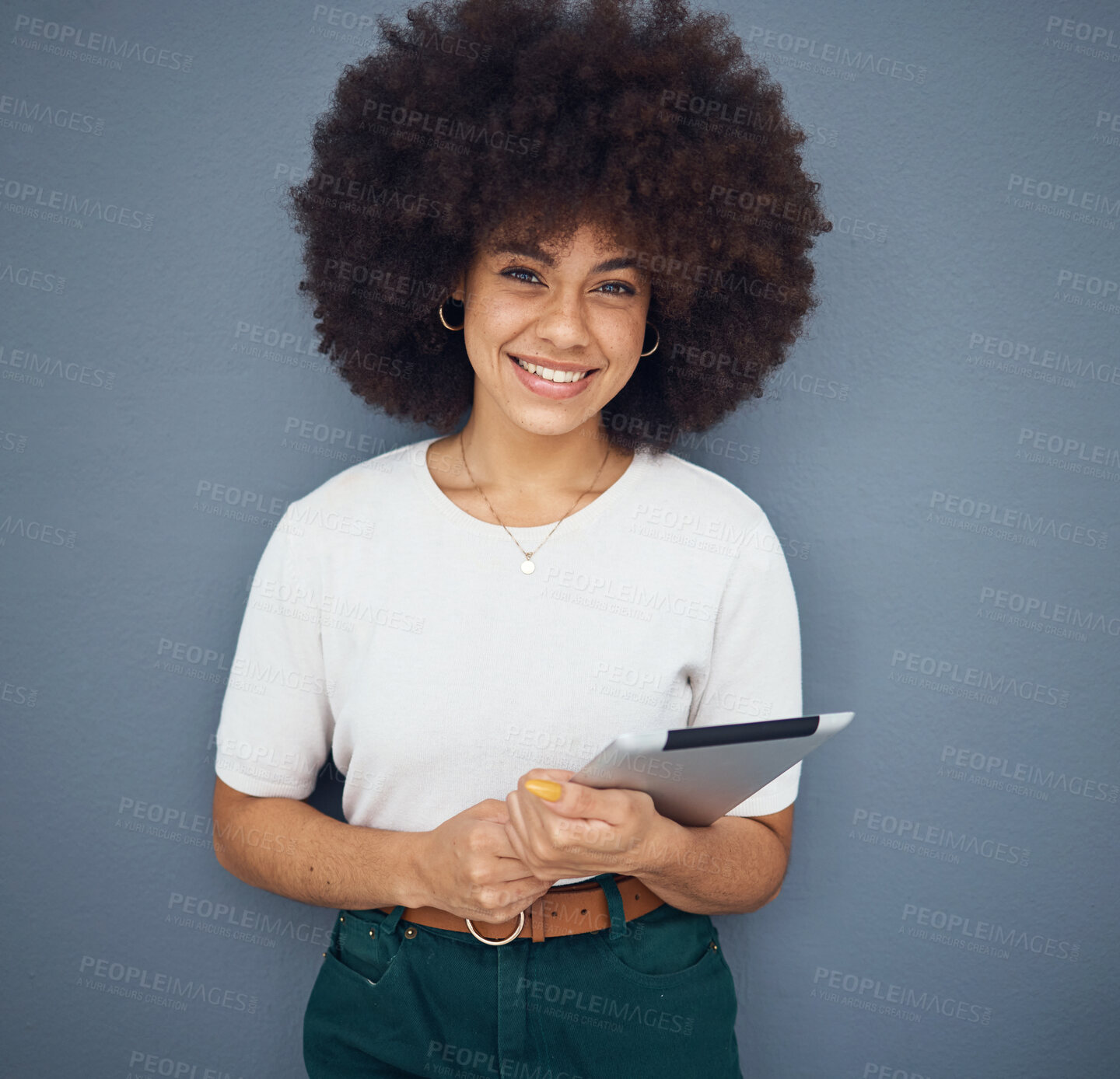 Buy stock photo Black woman, afro or digital tablet on grey studio background with digital marketing schedule, advertising target or data analysis. Portrait, smile or happy creative designer with technology