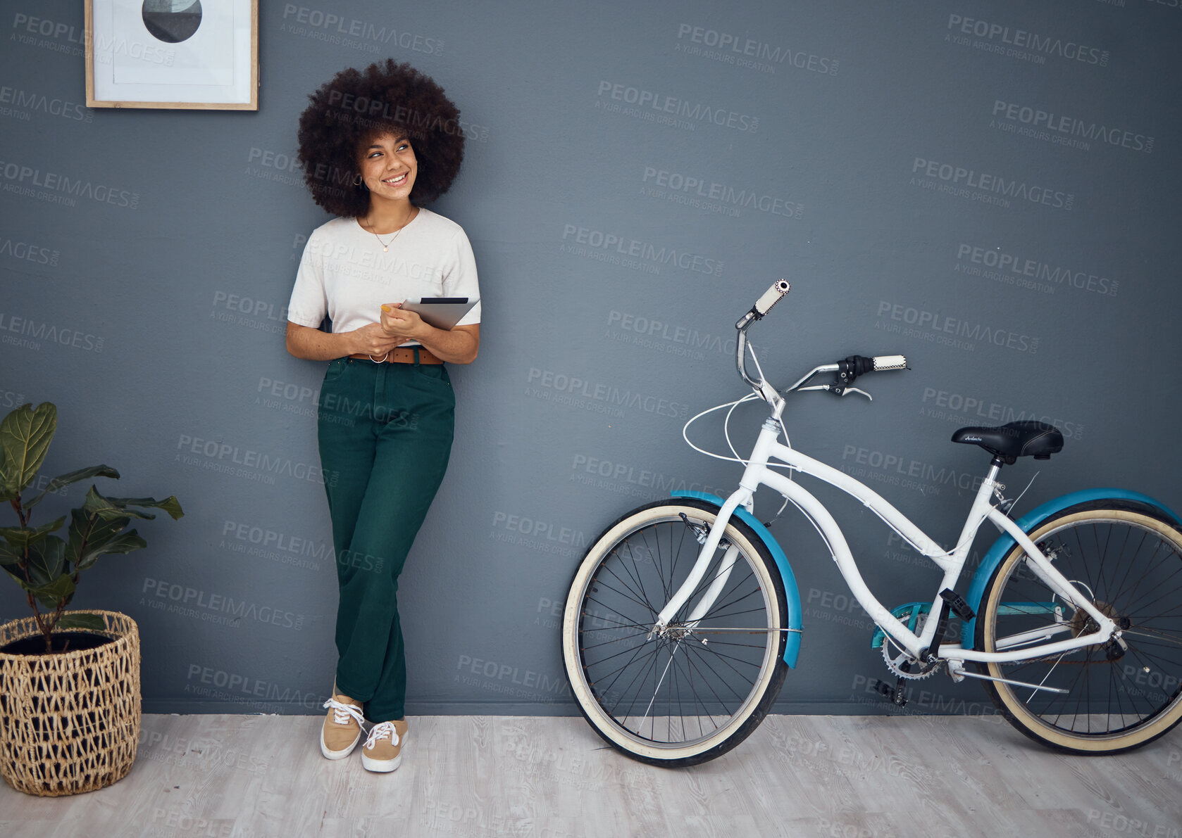 Buy stock photo woman, bicycle and tablet for advertising vision mock up on social media. Black girl, happy and digital networking online or digital marketing for bike ad placement on 5g web mobile app on ipadTablet, bicycle and portrait of black woman in home web or internet browsing. Smile, relax and happy female from South Africa on digital touchscreen tech, mobile app or networking on social media.