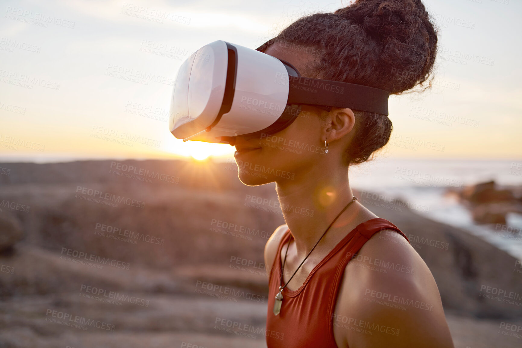 Buy stock photo Woman, virtual reality glasses and metaverse while outdoor in nature with ai technology for video game in cyber world for travel. Female with vr goggles for futuristic 3d experience for meditation