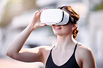 Virtual reality glasses, woman and outdoor game adventure with vr headset, ai software and metaverse technology, Gamer, digital gaming innovation and tech goggles for futuristic 3d cyber streaming 