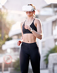 VR, running and fitness with a sports woman outdoor for exercise in the metaverse for cardio or endurance. Virtual reality, 3d and workout with a female athlete using ai technology for training