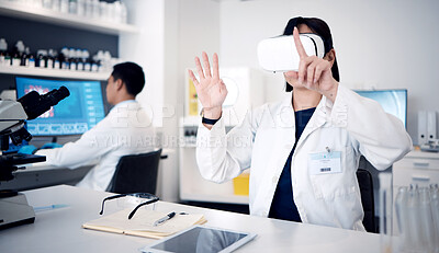 Buy stock photo Virtual reality, glasses and science with scientist woman in 3d metaverse, software innovation and biotechnology research in laboratory. VR, ai and futuristic medical expert with cyber technology app