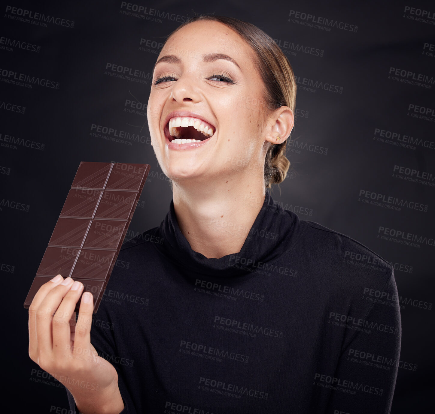 Buy stock photo Chocolate, diet and beauty with woman and skincare with healthy candy, luxury and wellness with food and portrait. Happy female with calories, cosmetic and cacao with skin with studio background 