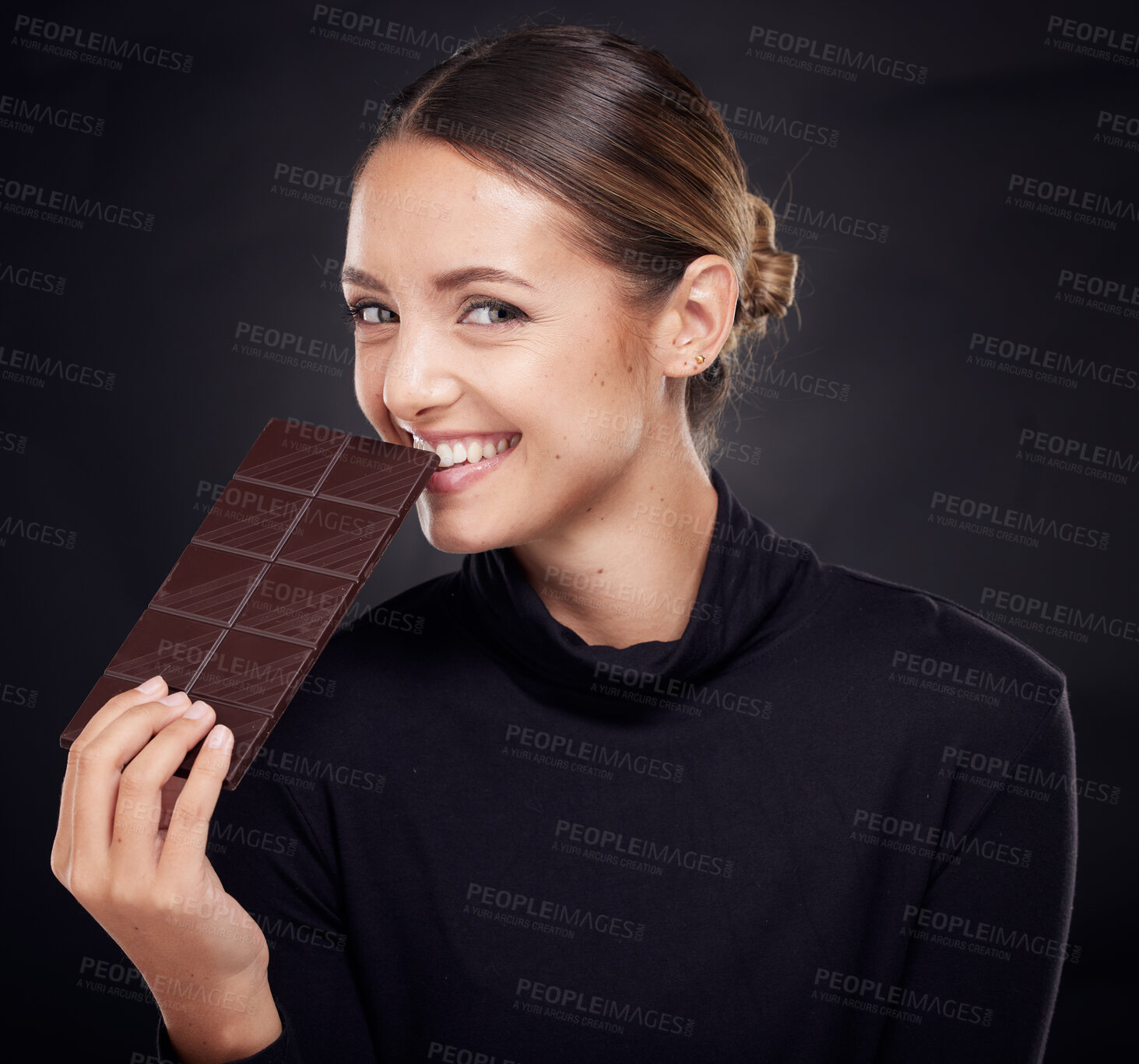 Buy stock photo Chocolate, diet and beauty with woman and skincare with healthy candy, luxury and wellness with food and portrait. Happy with calories, cosmetic and cacao dessert with skin against studio background 