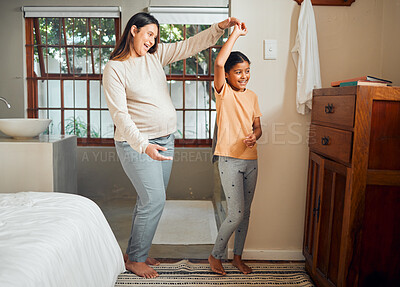 Buy stock photo Pregnant mother, child and happy family dancing in home bedroom for bonding, love and care for girl. Smile of kid and woman together in house for pregnancy celebration with happiness and support