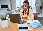 Black woman, laptop and student reading email communication, happy elearning and streaming lecture video. African girl, smile and studying online notes, textbook and planning remote college schedule