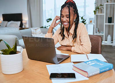 Buy stock photo Black woman, laptop and student reading email communication, happy elearning and streaming lecture video. African girl, smile and studying online notes, textbook and planning remote college schedule
