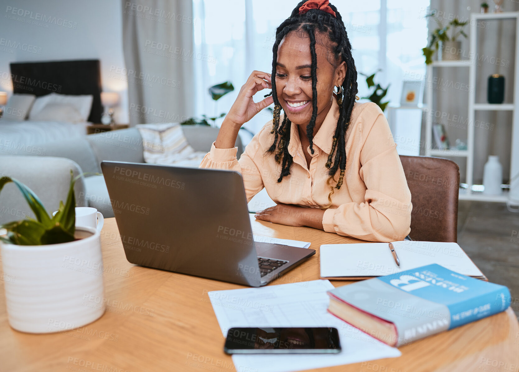 Buy stock photo Black woman, laptop and student reading email communication, happy elearning and streaming lecture video. African girl, smile and studying online notes, textbook and planning remote college schedule