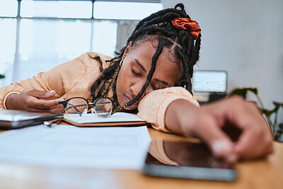 Buy stock photo Black woman, tired and sleeping in home office with a book while studying or working with fatigue. Entrepreneur person tired, burnout and exhausted with remote work and startup business stress