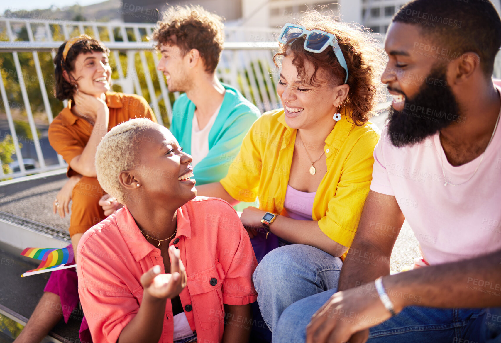 Buy stock photo Diversity, support and lgbtq with friends in city for freedom, gay pride and equality with human rights. Inclusion, sexuality and community with group of people for love, acceptance and identity