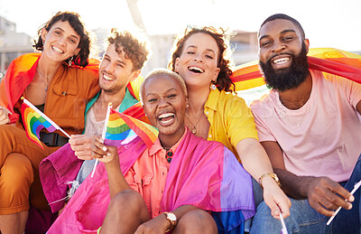 Buy stock photo Portrait, diversity and rainbow flag for lgbtq community, freedom and smile for parade, support or solidarity. Friends, group or young people with non-binary, gay and lesbian with happiness and queer