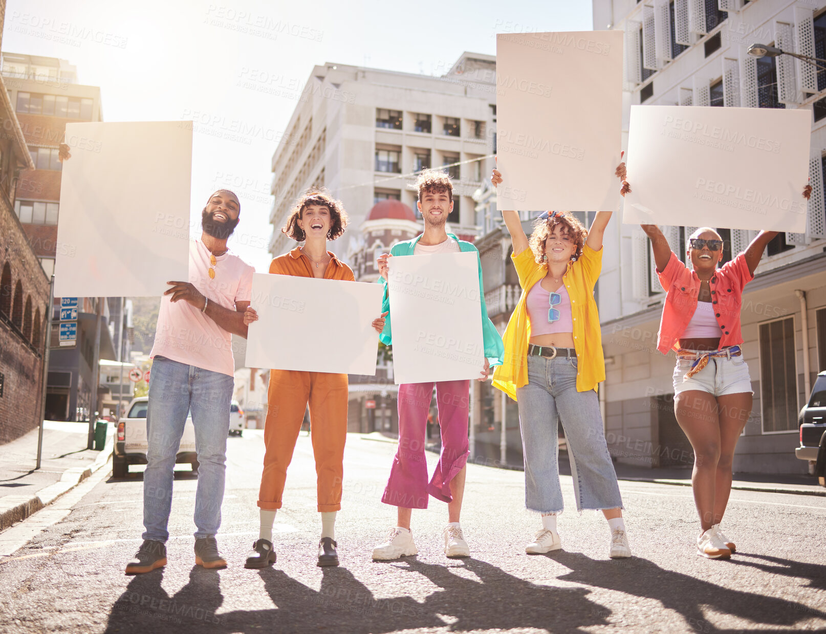 Buy stock photo Mockup, diversity and young people protest, city and human rights for equality, social change and smile. Portrait, friends and march for support, solidarity and community with happiness and in street