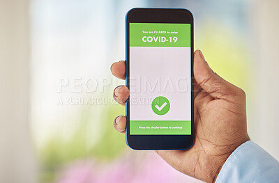 Coronavirus, vaccine and mobile certificate for travel, trip or medical certification on a phone. Technology, healthcare and closeup of hand with app for covid with barcode for immunity vaccination.