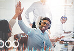 High five, call center and people smile in overlay with graphs, statistics and data. Telemarketing, success and celebration of man and woman in double exposure for teamwork, sales goal or achievement