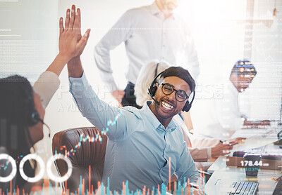 Buy stock photo High five, call center and people smile in overlay with graphs, statistics and data. Telemarketing, success and celebration of man and woman in double exposure for teamwork, sales goal or achievement