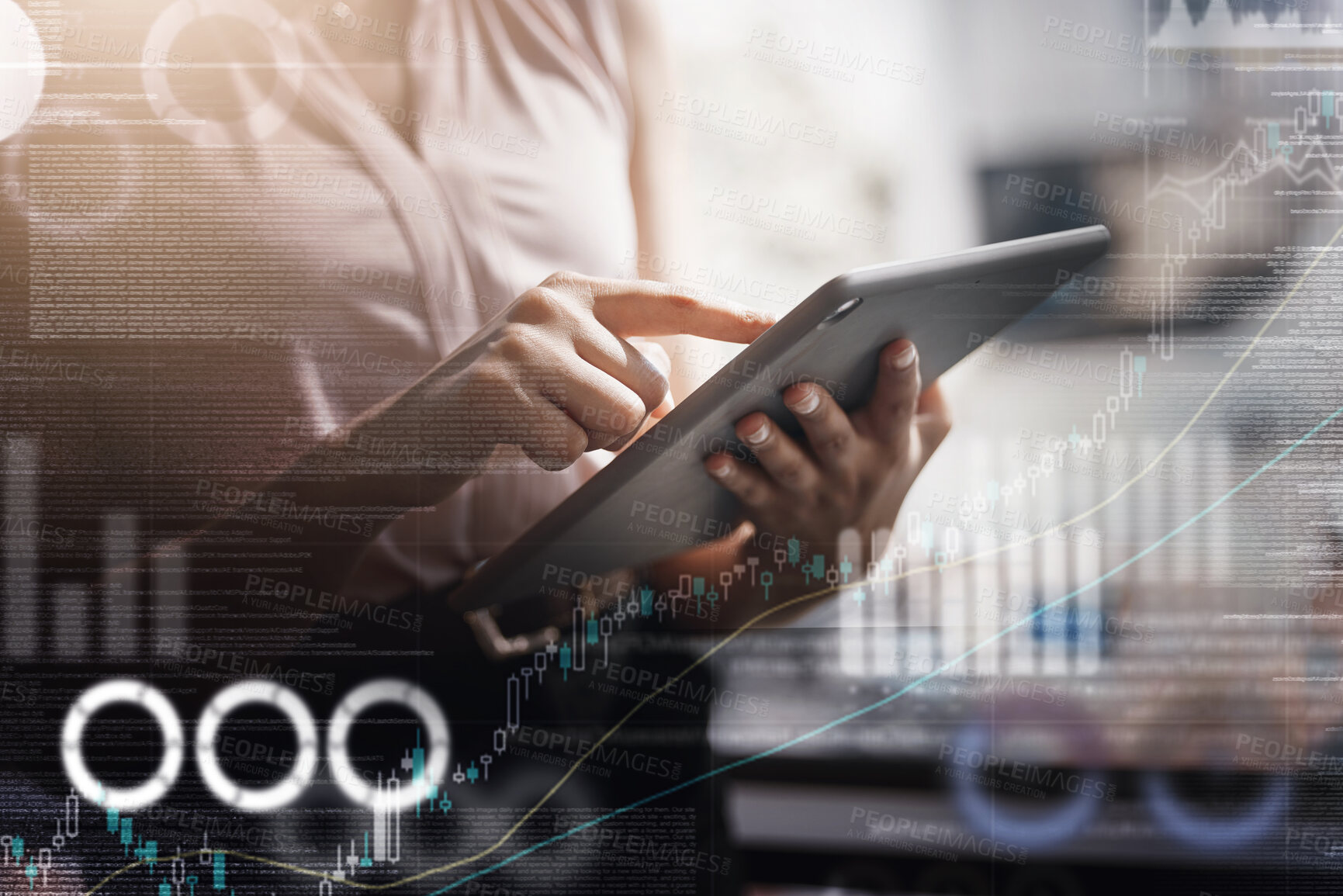 Buy stock photo Tablet, overlay and business woman with data analysis, social media results and graphs, charts or seo statistics. Professional person hands typing on digital technology, website or algorithm research