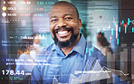 Stock market, data and portrait of black man with overlay of business, statistics and information on investment. Happy, face and businessman or trader with financial profit, success or analytics