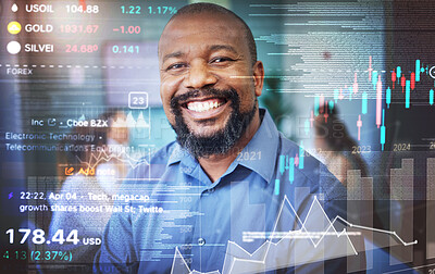 Buy stock photo Stock market, data and portrait of black man with overlay of business, statistics and information on investment. Happy, face and businessman or trader with financial profit, success or analytics