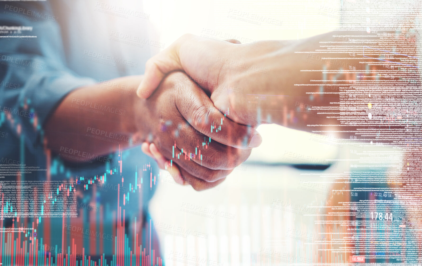 Buy stock photo Business, handshake and collaboration on statistics double exposure. Shaking hands, deal and people with agreement on overlay with graph data for b2b acquisition, partnership and stock market trading
