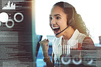 Call center success, overlay and a woman with a computer for trading and online achievement. Happy, digital and a female customer service employee excited about web support or telemarketing win