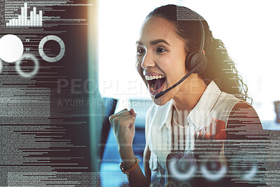 Buy stock photo Call center success, overlay and a woman with a computer for trading and online achievement. Happy, digital and a female customer service employee excited about web support or telemarketing win