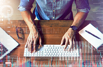 Buy stock photo Overlay, man typing on keyboard with digital hologram and social network connection for online communication. Data analysis or laptop, programming or tech and hand of male person writing an email