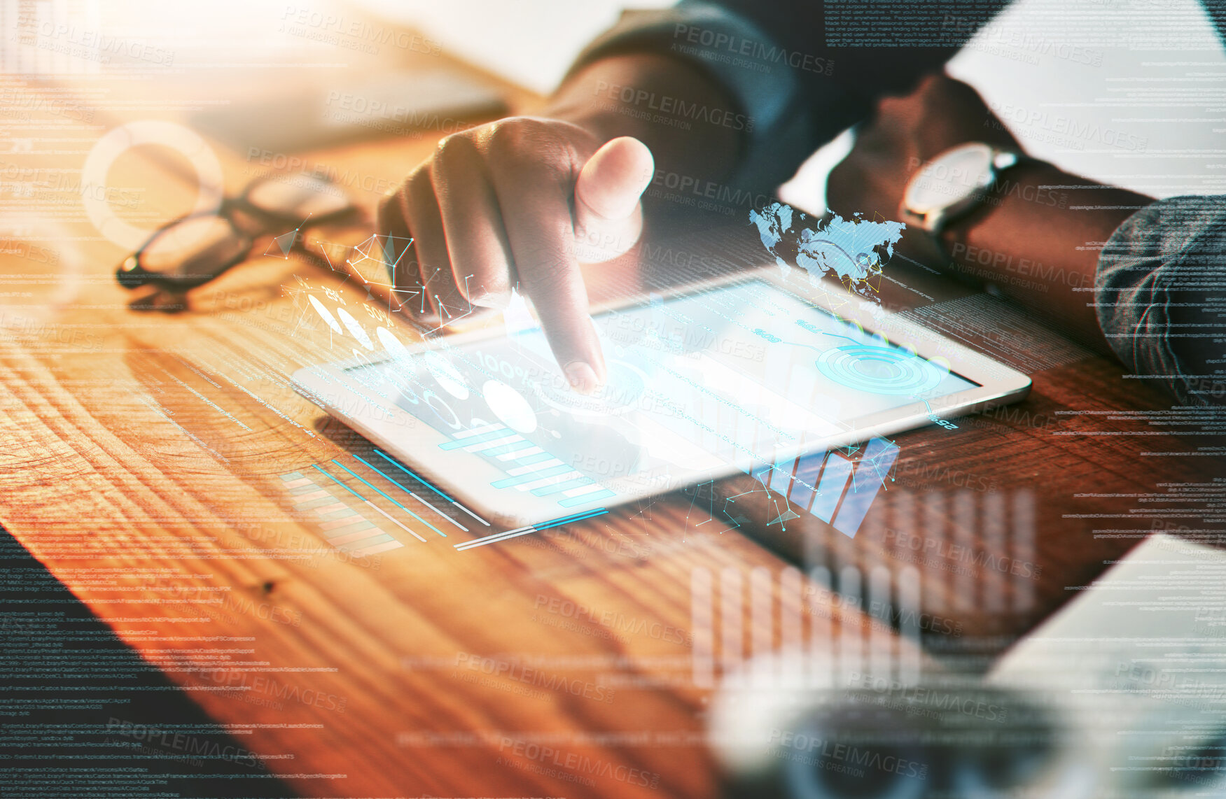 Buy stock photo Hand, tablet and overlay with a business man in a coffee shop for remote work as a freelance employee. Technology, digital and future with a male entrepreneur sitting in a cafe for internet research