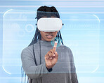 Vr, augmented reality and digital with black woman and 3d for future, cyber and metaverse. Media, ui and technology with girl and headset for ux interface, innovation and data analytics graphics