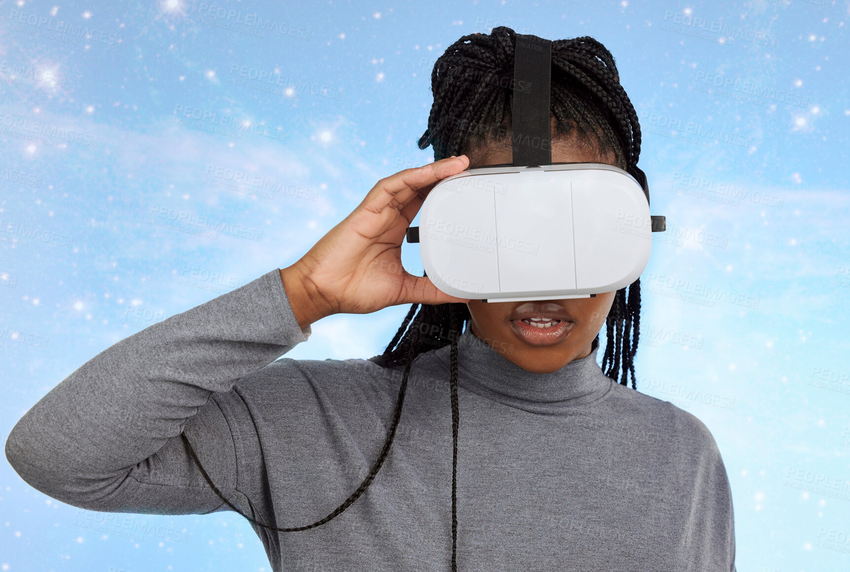 Buy stock photo Vr, gaming and digital with black woman and metaverse for future, cyber and 3d system. Media, ui and web technology with girl and headset for internet, augmented reality and data analytics graphics