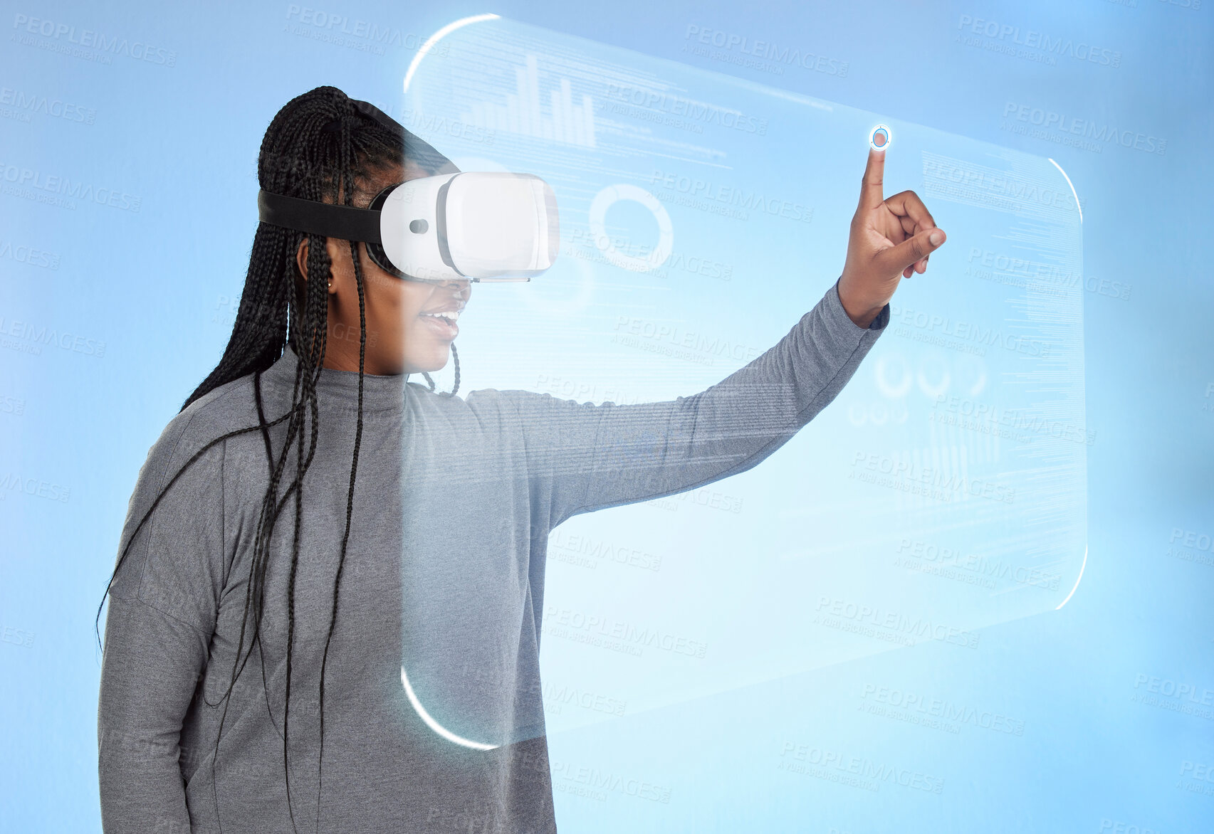 Buy stock photo Vr, augmented reality and digital with black woman and 3d hologram for future, cyber and metaverse. Media, ui and technology with girl and headset for ux interface, innovation and data graphics