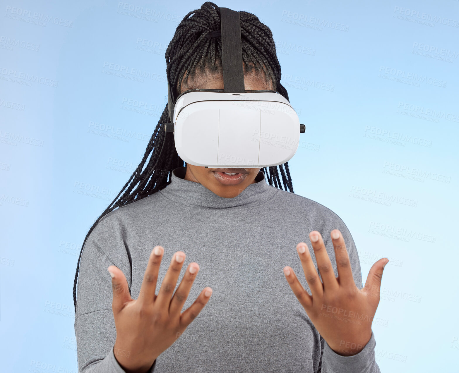 Buy stock photo Vr, gaming and hands with black woman and metaverse for future, cyber and 3d system. Media, ui and web technology with girl and headset for internet, augmented reality and data in studio background