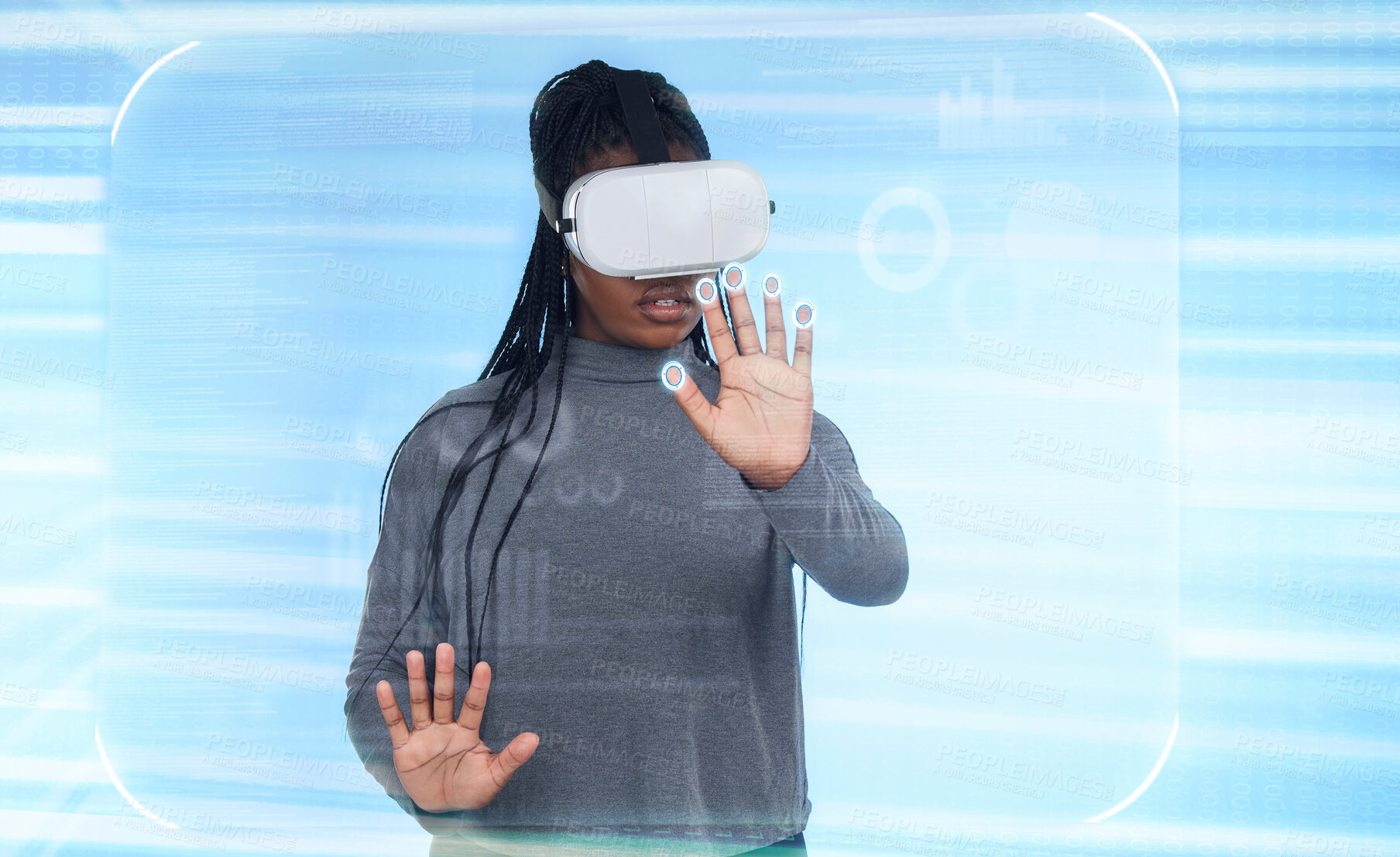 Buy stock photo Vr, augmented reality and digital with black woman and 3d hologram for future, cyber and metaverse. Media, ui and technology with girl and headset for ux interface, innovation and data graphics