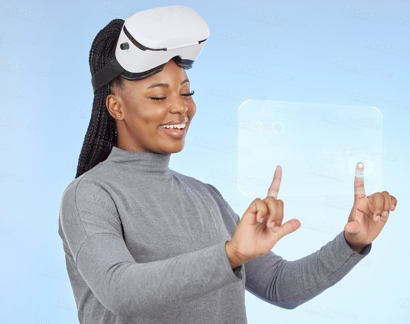 Buy stock photo Black woman, virtual reality and touching futuristic display, hologram or screen against a blue background. African American female in future digital transformation, metaverse or 3D interaction on VR