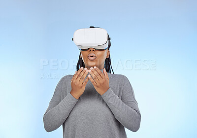 Buy stock photo 3D vr and surprise with black woman and gaming for future, cyber and metaverse. Media, ui and web technology with girl gamer and headset for internet, augmented reality and data in studio background