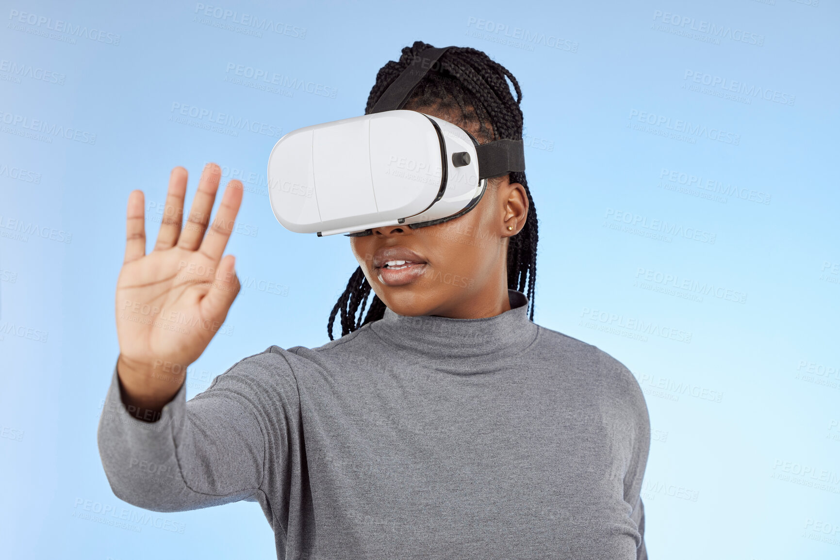 Buy stock photo Vr, gaming and digital with black woman and metaverse for future, cyber and 3d system. Media, ui and web technology with girl and headset for internet, augmented reality and data in studio background