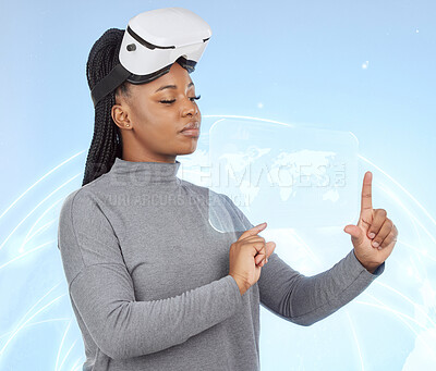 Buy stock photo Vr, augmented reality and digital with black woman and 3d hologram for future, cyber and metaverse. Media, ui and technology with girl and headset for ux interface, innovation and data graphics