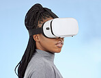 Vr, gaming and digital with black woman and metaverse for future, cyber and 3d system. Media, ui and web technology with girl gamer and headset for internet, augmented reality and data graphics