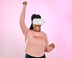 Vr glasses, futuristic software and black woman winner celebration of game win in studio. Pink background, isolated and happy young person with happiness from ai, future and cyber gamer experience