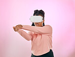 Virtual reality sword, cyber gaming or woman in sci fi augmented reality, futuristic ai metaverse or future warrior. Fantasy game gesture, ninja samurai simulation or pink African gamer in vr headset