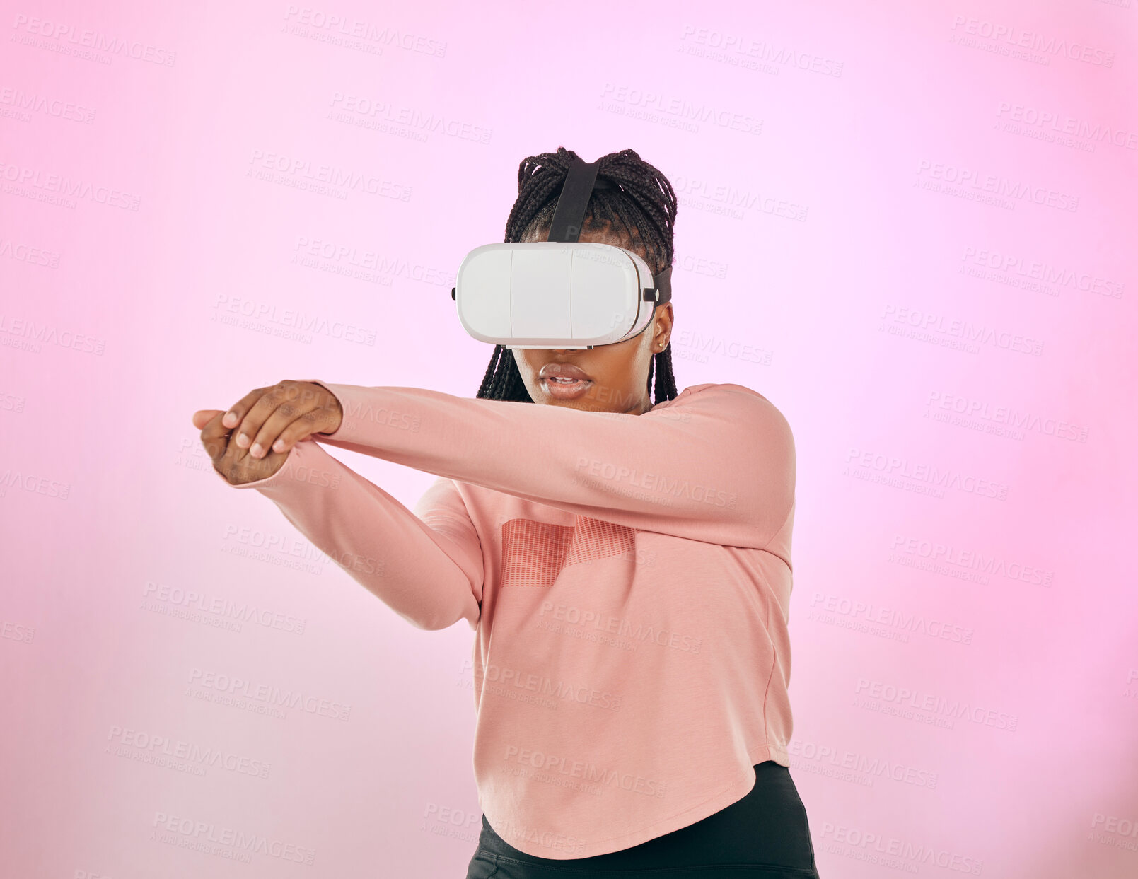 Buy stock photo Virtual reality sword, cyber gaming or woman in sci fi augmented reality, futuristic ai metaverse or future warrior. Fantasy game gesture, ninja samurai simulation or pink African gamer in vr headset