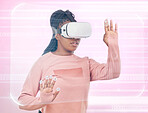 Vr, augmented reality and digital with black woman and 3d hologram for future, cyber and metaverse. Media, ui and technology with girl and headset for ux interface, innovation and data graphics