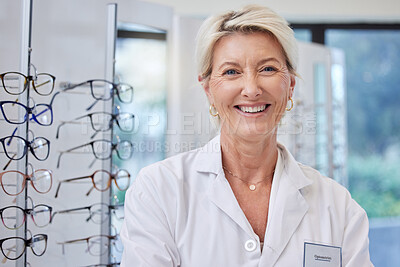 Buy stock photo Glasses, optometrist and eye care with portrait of woman for retail, healthcare and consulting. Shopping, ophthalmology and sale with senior optician in frame store for medical, designer and lens