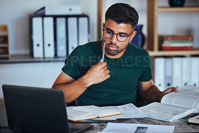 Buy stock photo Study, research and thinking with man and laptop for elearning, education and college. Focus, solution and technology with student reading at home for university, online exam and remote lecture