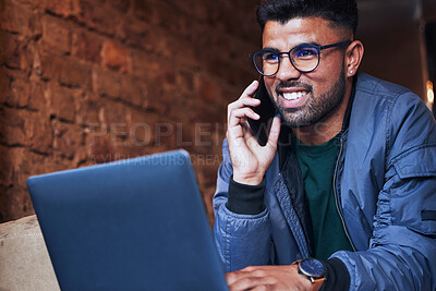 Buy stock photo Black man, phone call and coffee shop with a smile on a web app conversation with happiness. Online communication, connection and cafe remote working of a freelance writer on mobile networking