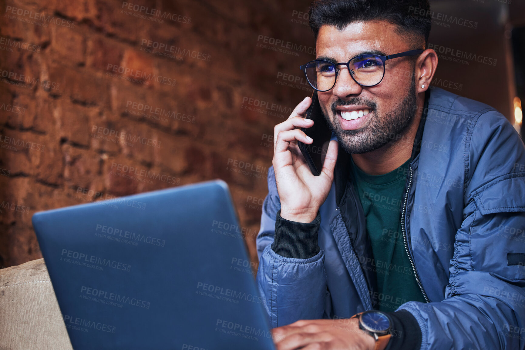Buy stock photo Black man, phone call and coffee shop with a smile on a web app conversation with happiness. Online communication, connection and cafe remote working of a freelance writer on mobile networking