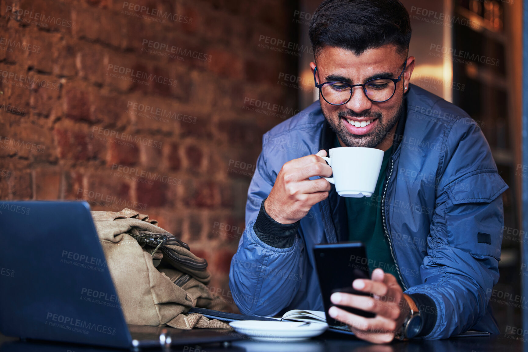 Buy stock photo Black man, phone and coffee shop in the morning looking at a social media meme with happiness. Online communication, networking and cafe remote working of a freelance writer on mobile networking